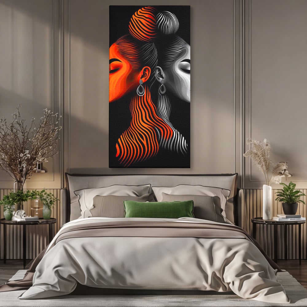 Tablou canvas cu tablou canvas cu doua fete stilizate, fara rama, pe sasiu de lemn, pe perete intr-un dormitor